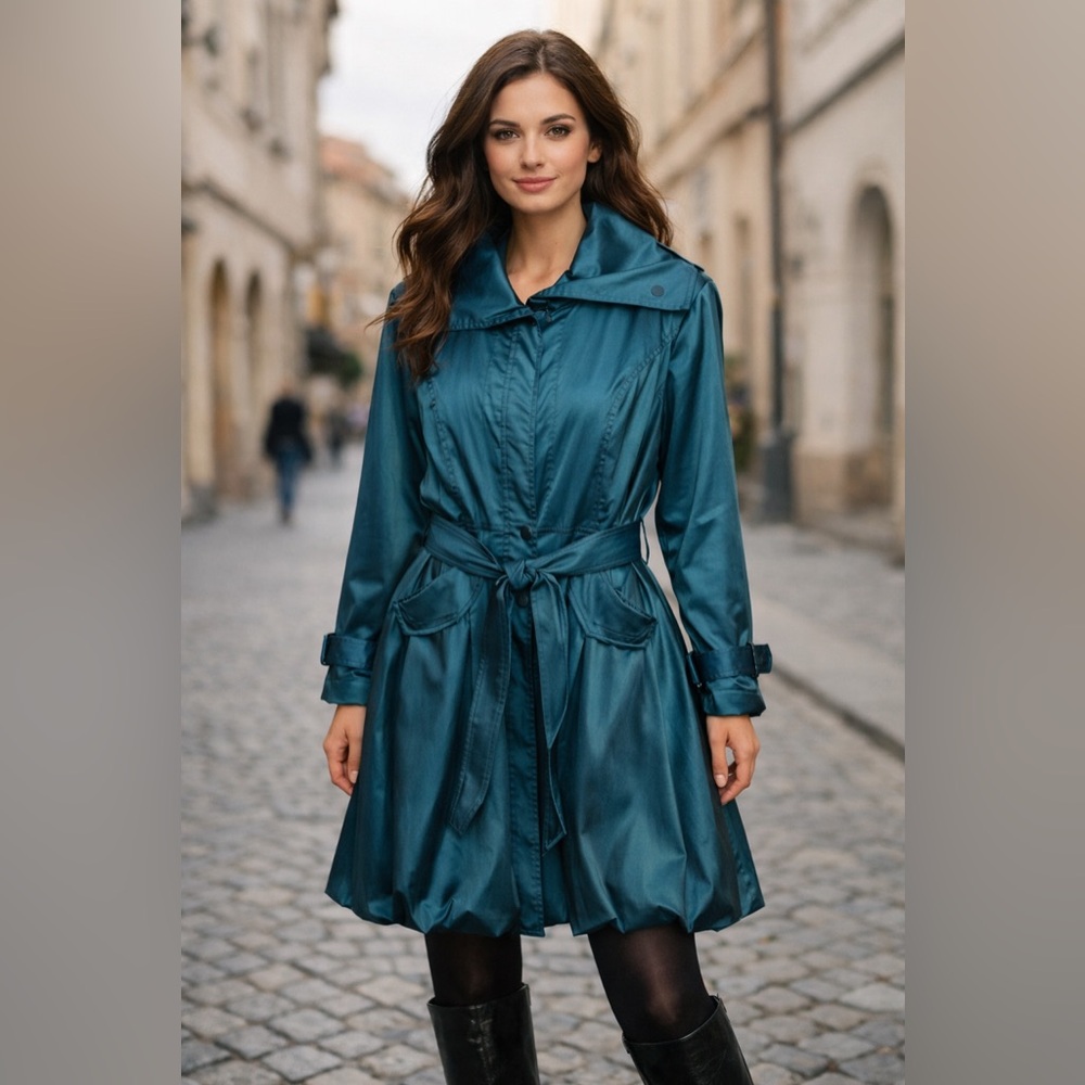 D & Y Fabulous Shimmering Dark Teal Belted Dress Coat / Rain Coat